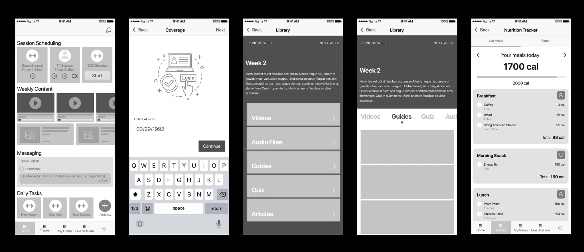 Wireframes for the Lean Life app showing key screens